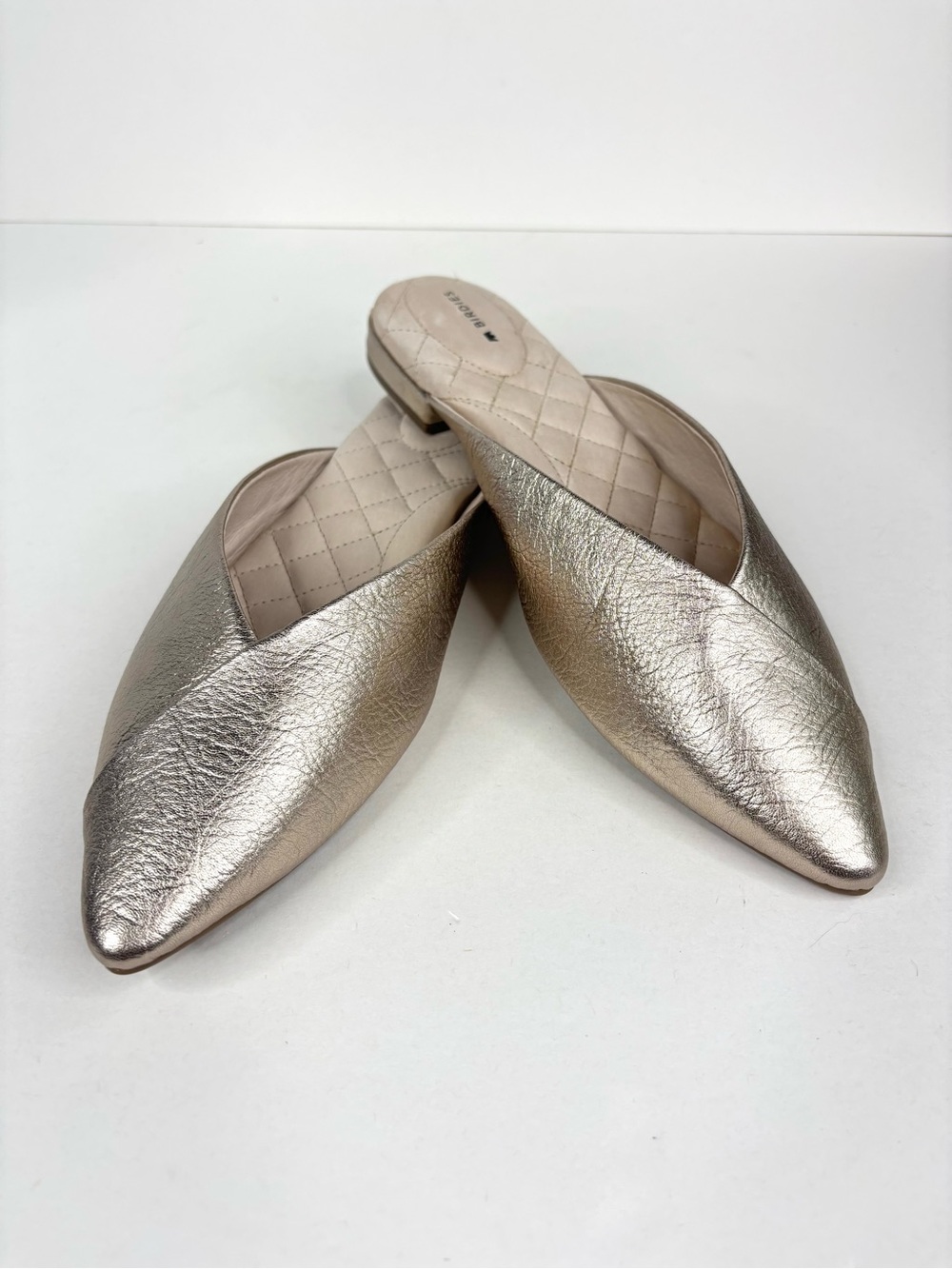 Birdies The Swan Leather Pointed Flat Slip-on Mules Gold Metallic Retro Glam 9.5